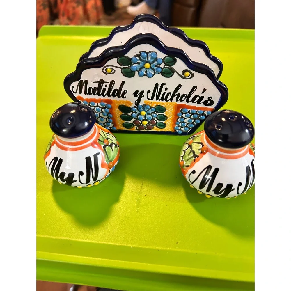 Talavera Pottery Napkin Holder Salt Pepper Shakers Matilde yNicholas Mexican Art